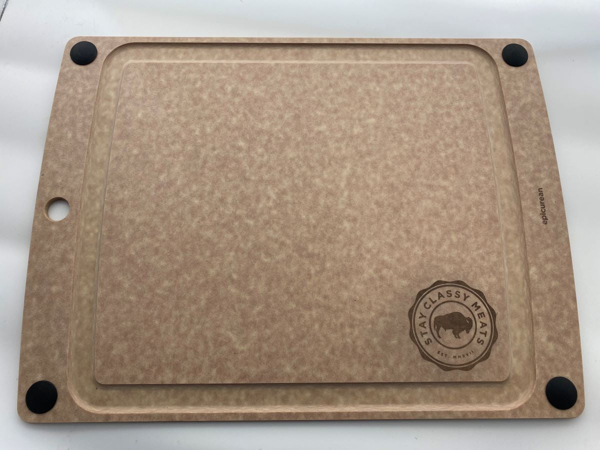 Epicurian Cutting Board with Laser Etched Stay Classy Meats Logo - 13&quot; x 17&quot;.