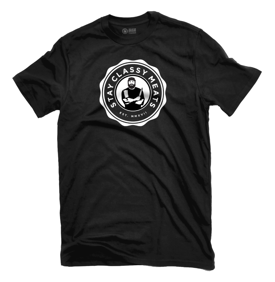 Black Tee Shirt with Stay Classy Meats Corporate Logo
